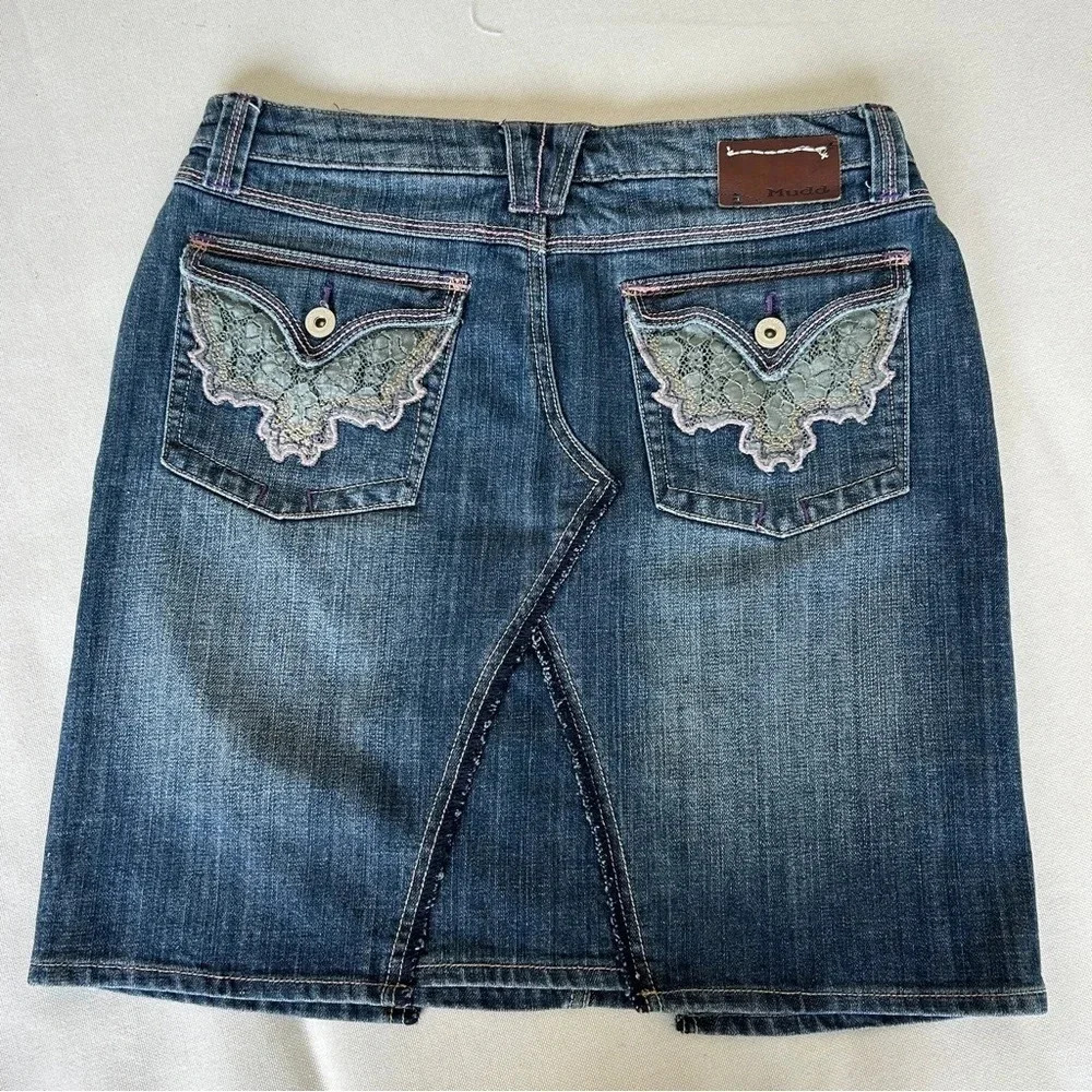 Vintage Y2K Mudd Denim Midi Skirt Embroidery & Lace Angel‎ Wing Pocket Fairycore